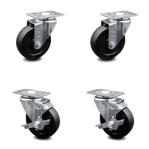 Service Caster 4 Inch Soft Rubber Wheel Swivel Top Plate Caster Set with 2 Brakes SCC SCC-20S414-SRS-2-TLB-2